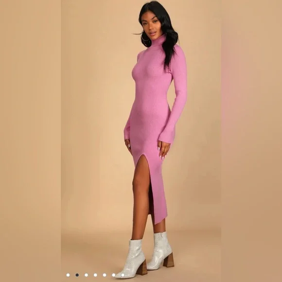 knee length dresses for ladies Neon Pink Roll Neck Rib Midi Jumper Dress main image 0